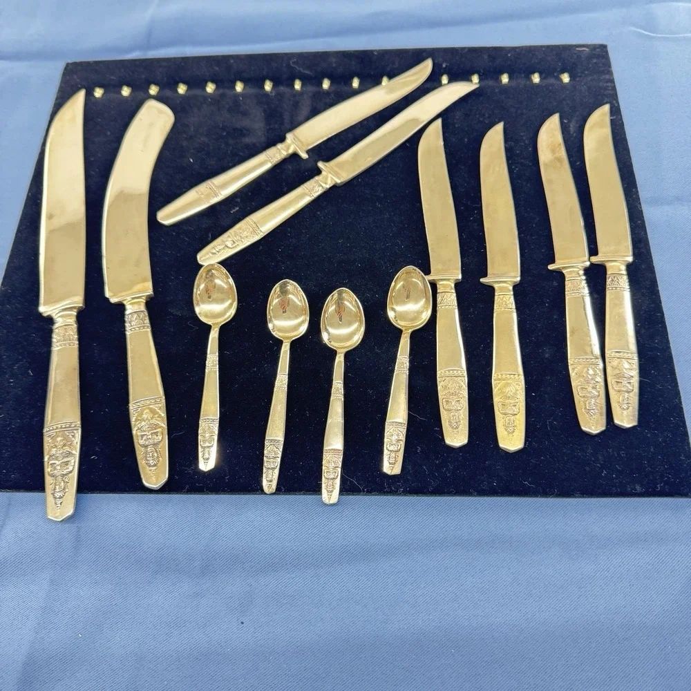 K Thailand Buddha 14 PC Flatware Set Brass  Knives And Tiny Spoons Vintage